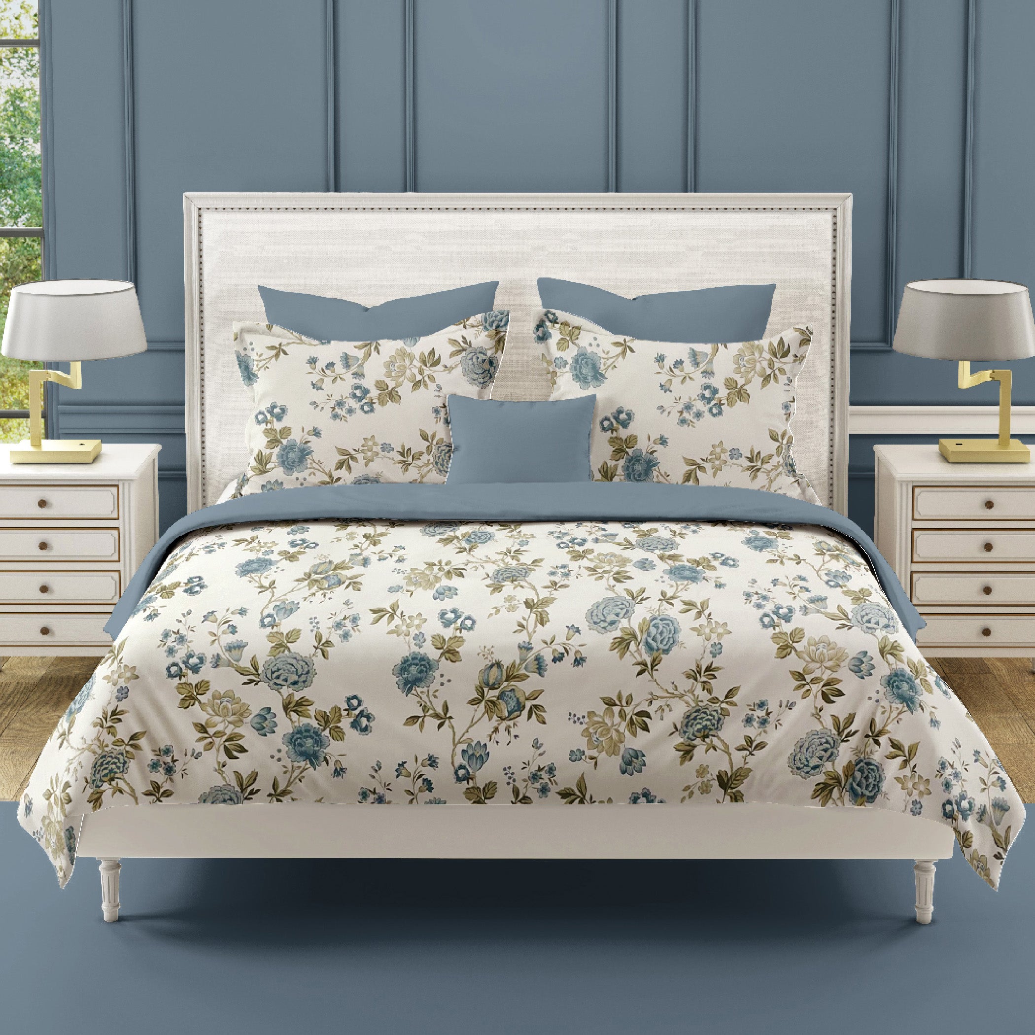 Cotton Super King Bedsheet with 2 Pillow Covers - Cream Base with Teal & Olive Floral Print (108x108 inches)