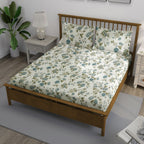 Cotton Super King Bedsheet with 2 Pillow Covers - Cream Base with Teal & Olive Floral Print (108x108 inches)