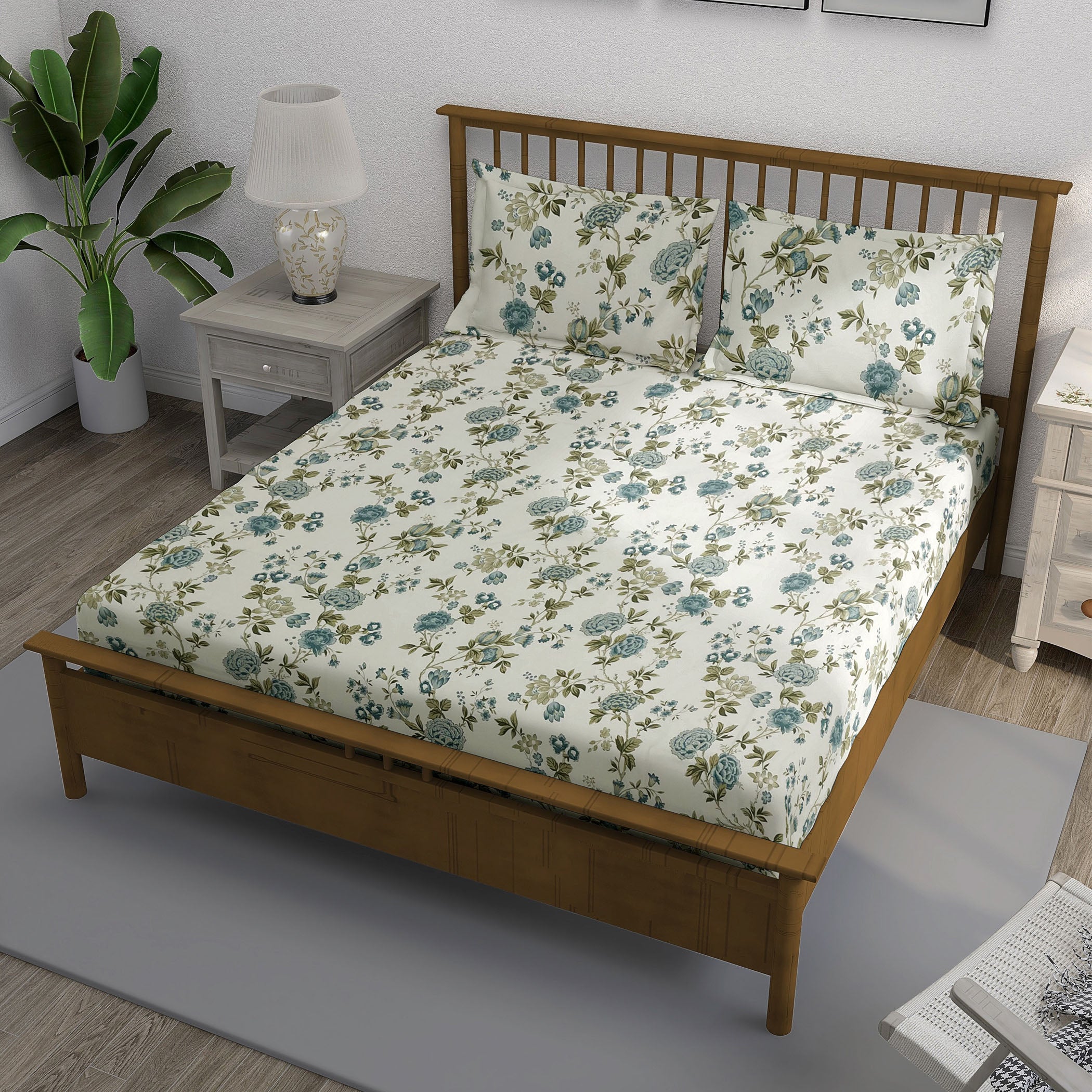 Cotton Super King Bedsheet with 2 Pillow Covers - Cream Base with Teal & Olive Floral Print (108x108 inches)