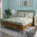 Cotton Super King Bedsheet with 2 Pillow Covers - Cream Base with Teal & Olive Floral Print (108x108 inches)