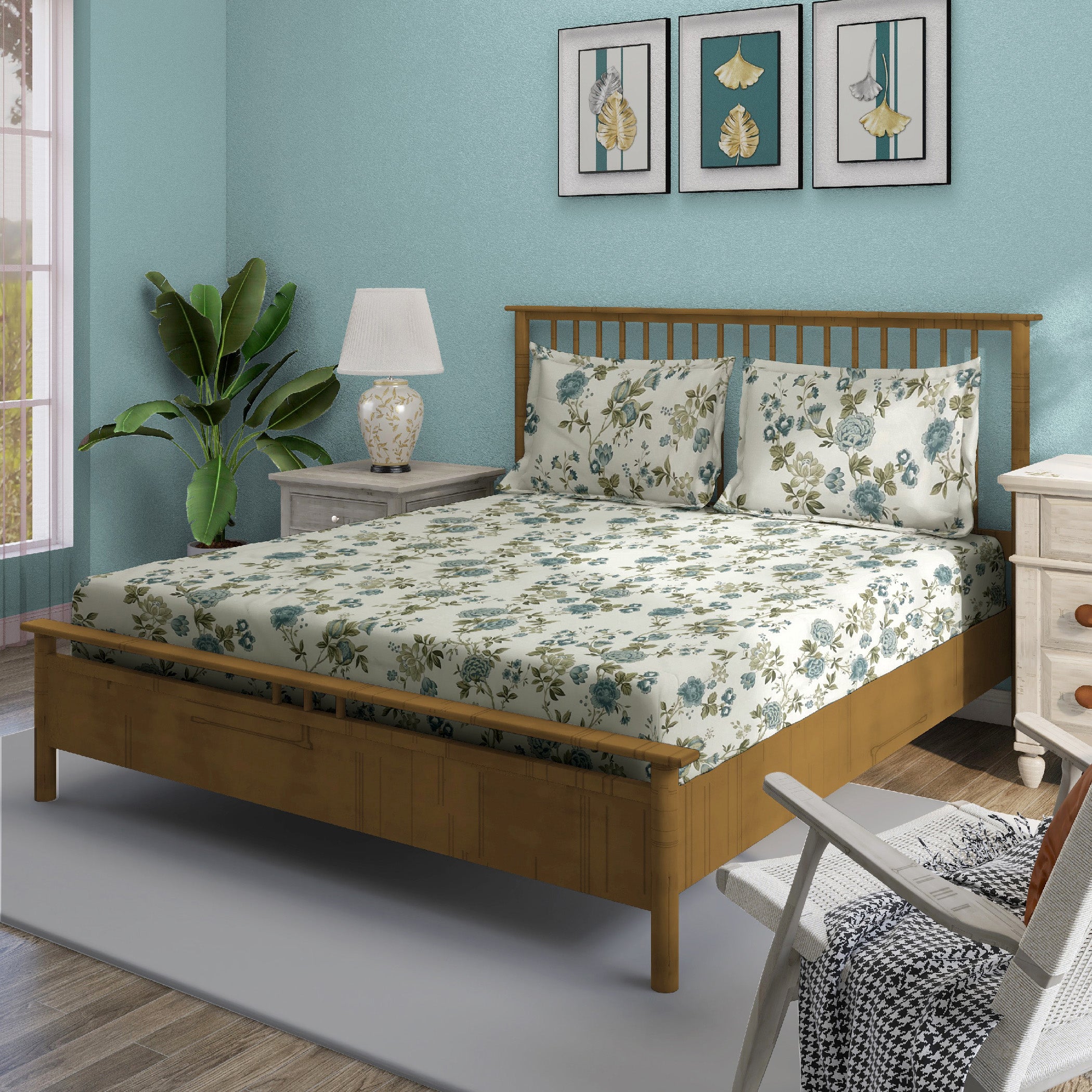 Cotton Super King Bedsheet with 2 Pillow Covers - Cream Base with Teal & Olive Floral Print (108x108 inches)