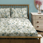 Cotton Super King Bedsheet with 2 Pillow Covers - Cream Base with Teal & Olive Floral Print (108x108 inches)