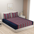 Navy Blue & Red Striped Pure Cotton 240 TC Super King  Bedsheet with 2 Pillow Covers (108x108 Inches)