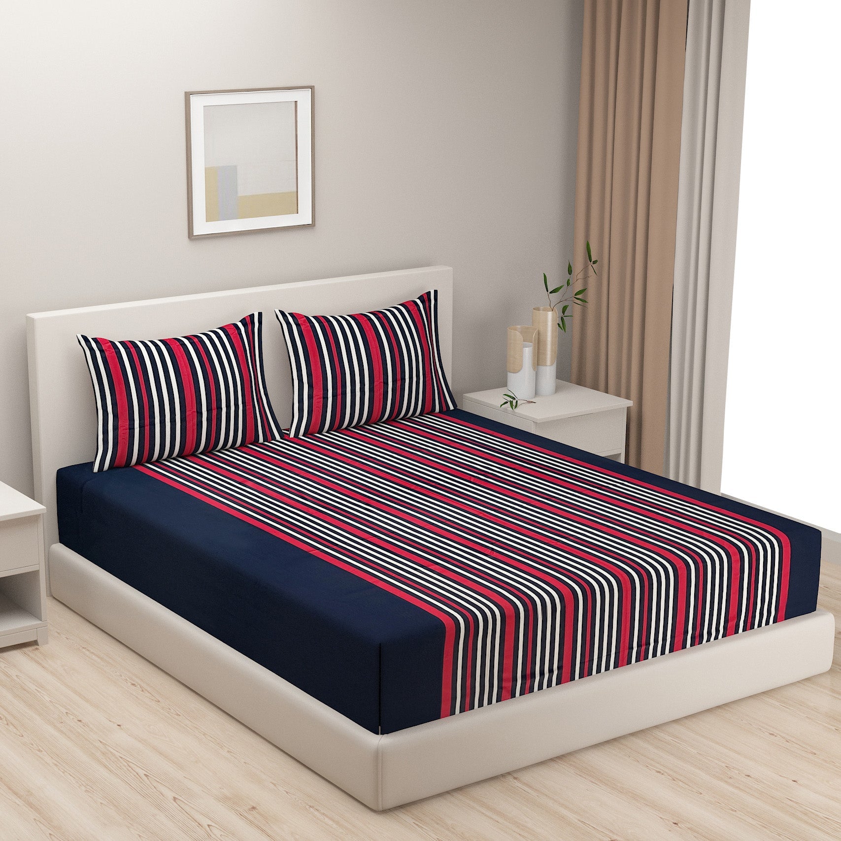 Navy Blue & Red Striped Pure Cotton 240 TC Super King  Bedsheet with 2 Pillow Covers (108x108 Inches)