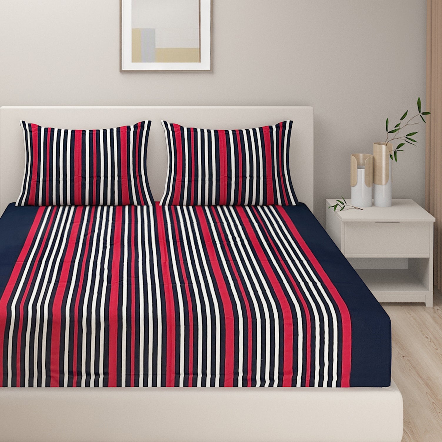 Navy Blue & Red Striped Pure Cotton 240 TC Super King  Bedsheet with 2 Pillow Covers (108x108 Inches)