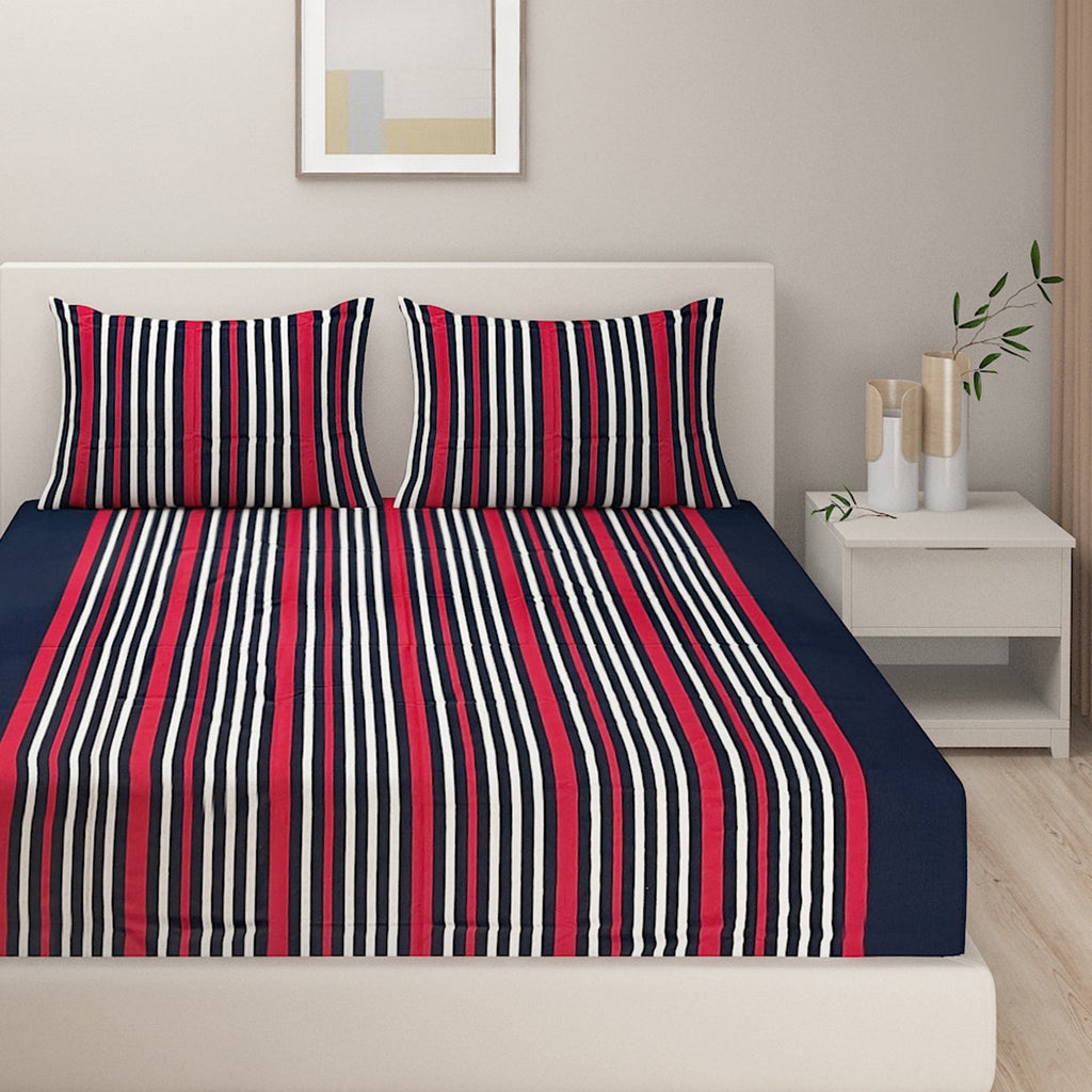 Navy Blue & Red Striped Pure Cotton 240 TC Super King  Bedsheet with 2 Pillow Covers (108x108 Inches)
