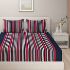 Navy Blue & Red Striped Pure Cotton 240 TC Super King  Bedsheet with 2 Pillow Covers (108x108 Inches)