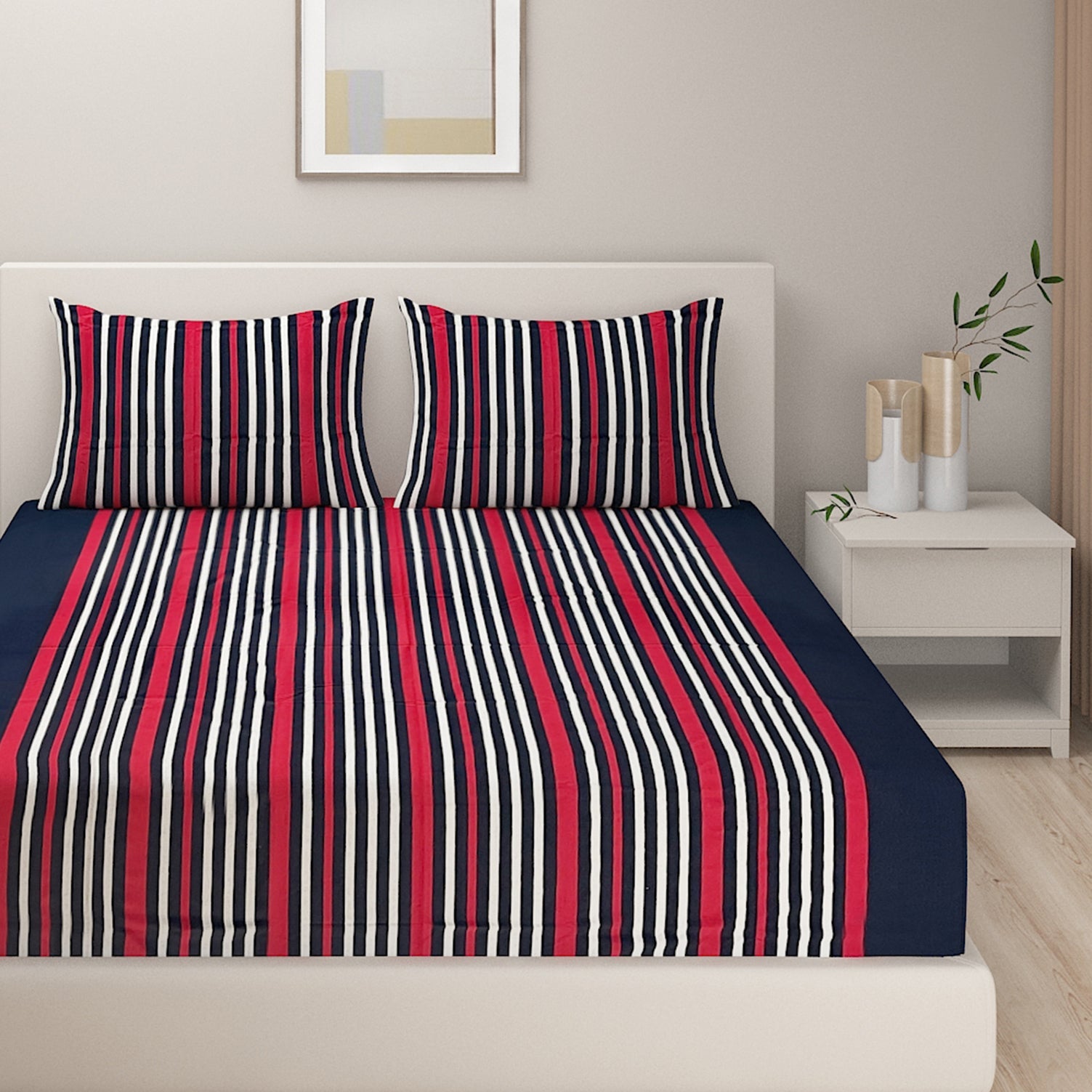Navy Blue & Red Striped Pure Cotton 240 TC Super King  Bedsheet with 2 Pillow Covers (108x108 Inches)