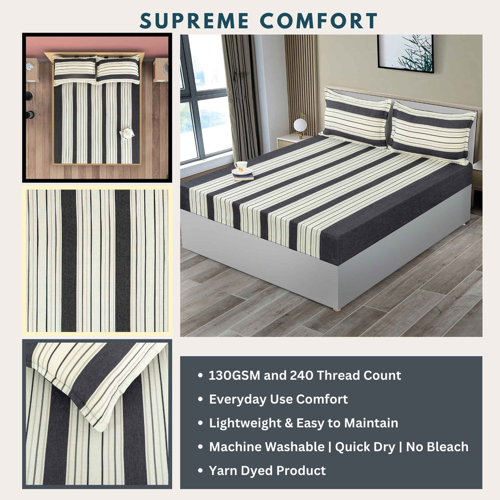 Monochrome Elegance - Yarn-Dyed Striped Super King Bedsheet (108x108 Inches)