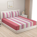 Pink & Multicolor Striped Pure Cotton 240 TC King Fitted Bedsheet with 2 Pillow Covers (72x78x10 Inches)