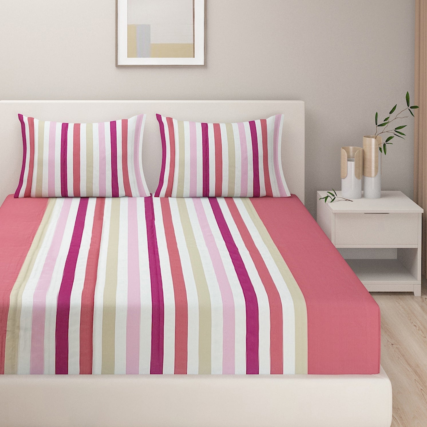 Pink & Multicolor Striped Pure Cotton 240 TC Super King Bedsheet with 2 Pillow Covers (108x108 Inches)