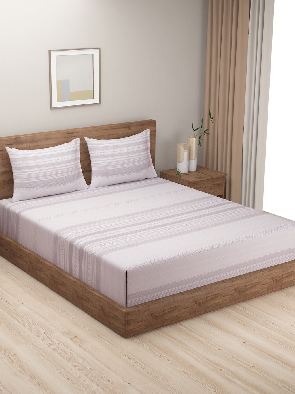 Soft Lavender Striped Super King Bedsheet with 2 Pillow Covers 200TC - Minimal & Elegant Design (108x108 inches)