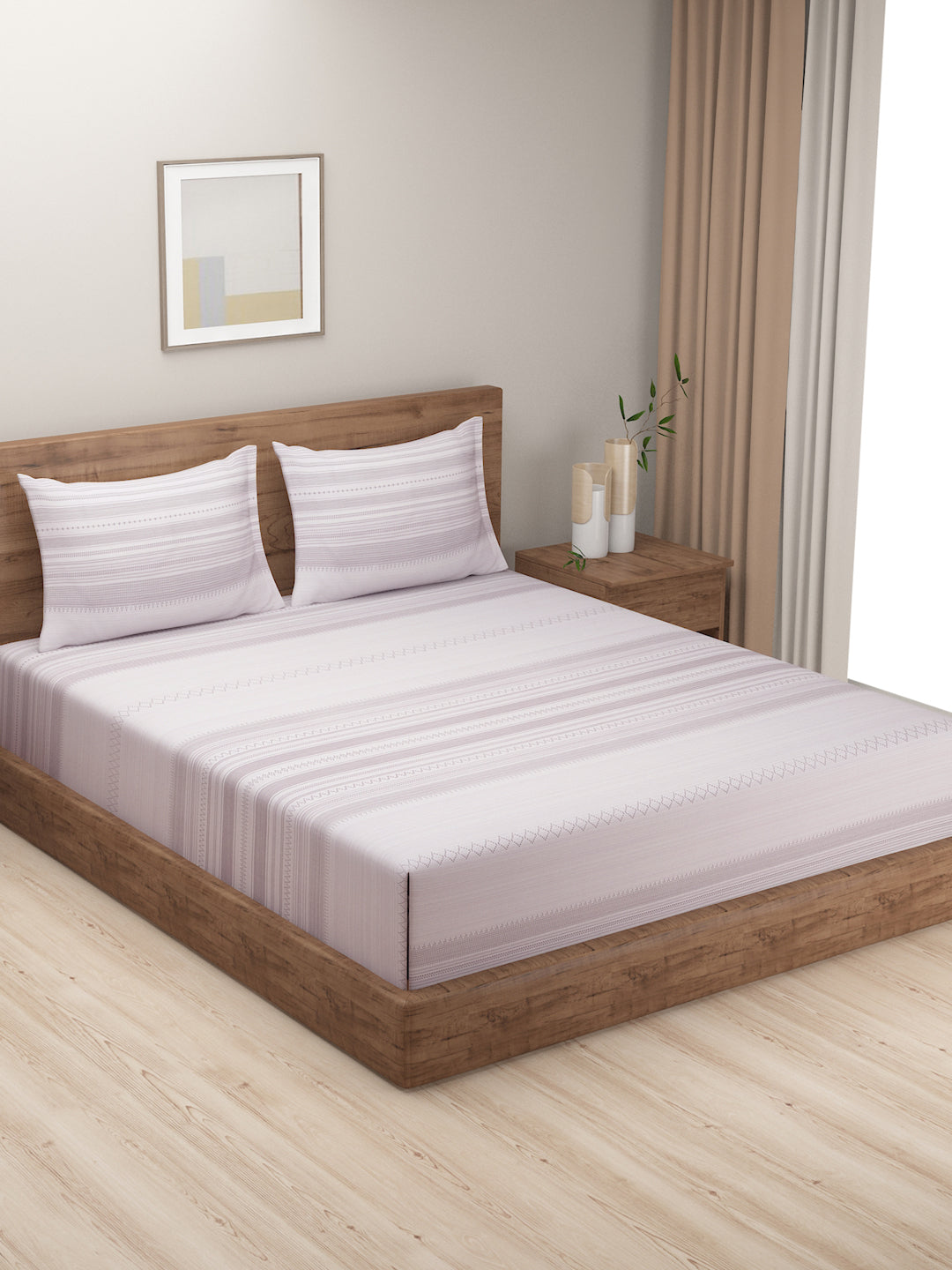 Soft Lavender Striped Super King Bedsheet with 2 Pillow Covers 200TC - Minimal & Elegant Design (108x108 inches)