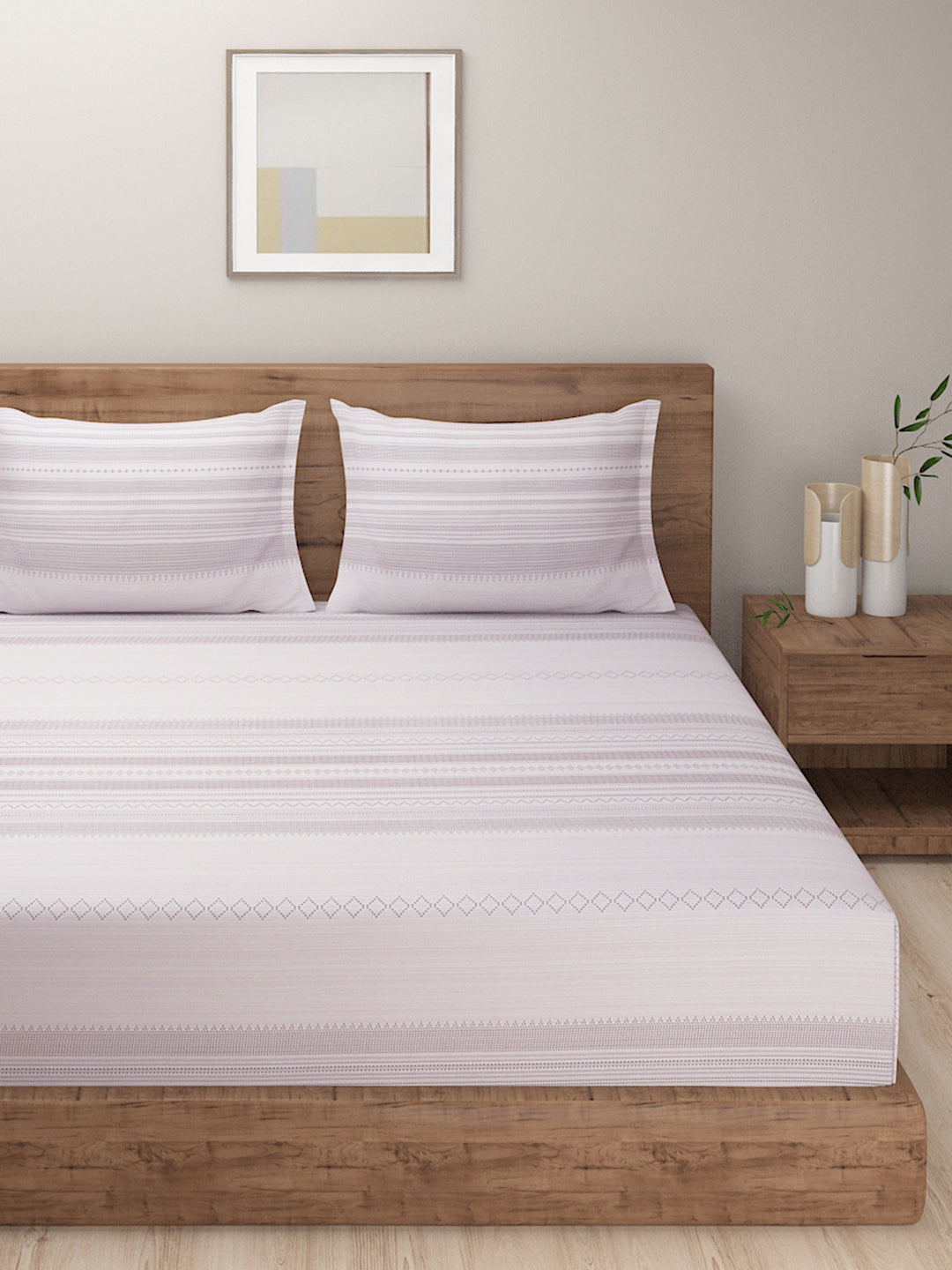 Soft Lavender Striped Super King Bedsheet with 2 Pillow Covers 200TC - Minimal & Elegant Design (108x108 inches)