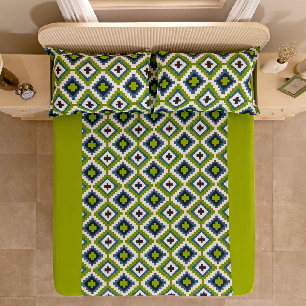 Symmetry in Spring - 200TC Vibrant Green Cotton Super King Bedsheet (108x108 Inches)