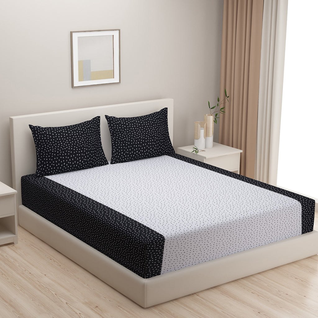 Black & White Micro Print Pure Cotton 200 TC Super King Bedsheet with 2 Pillow Covers (108x108 Inches)