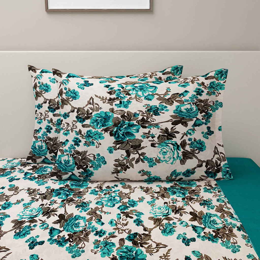 Teal Bloom - Floral 200TC Cotton multi colour Super King Bedsheet (108x108 Inches)