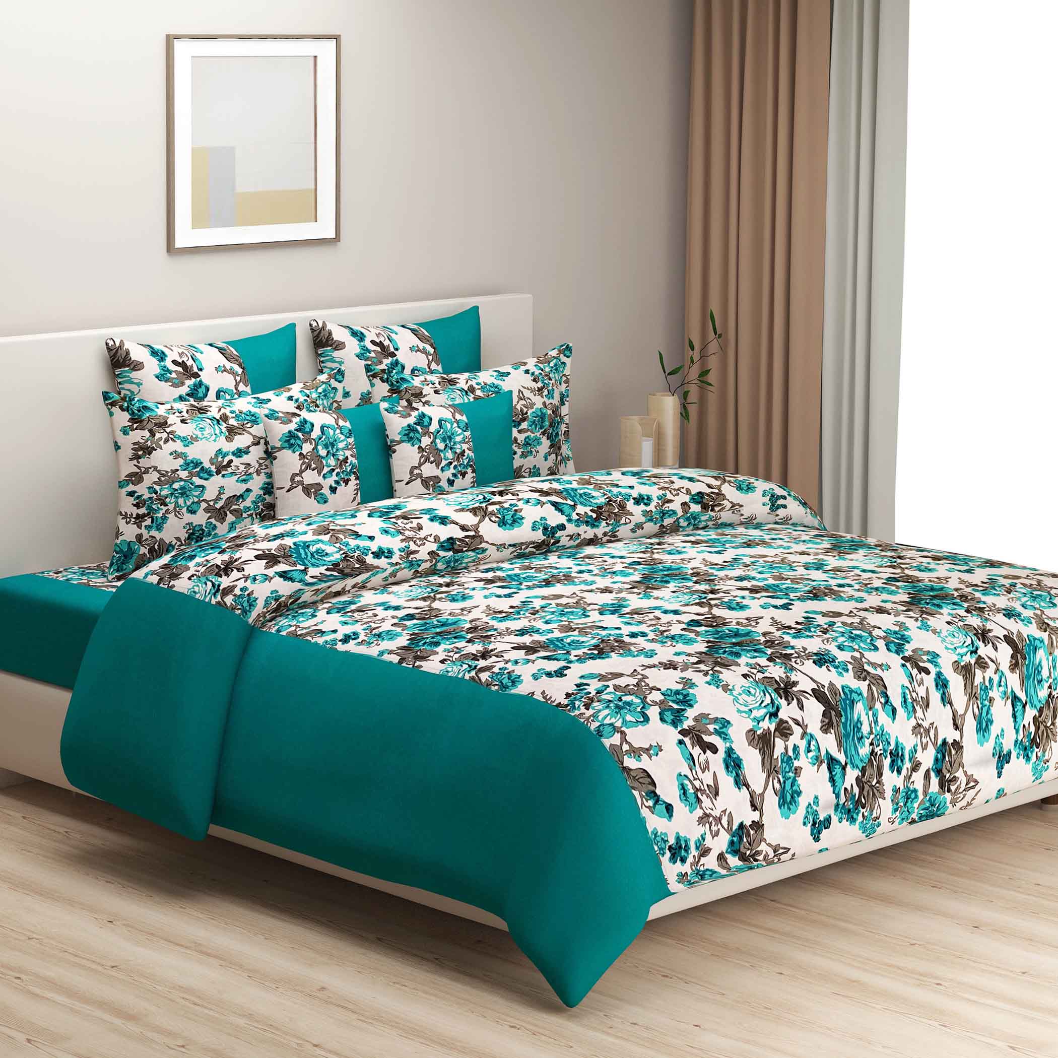 Teal Bloom - Floral 200TC Cotton multi colour Single Fitted Bedsheet (36 x 90 x 10 Inches)