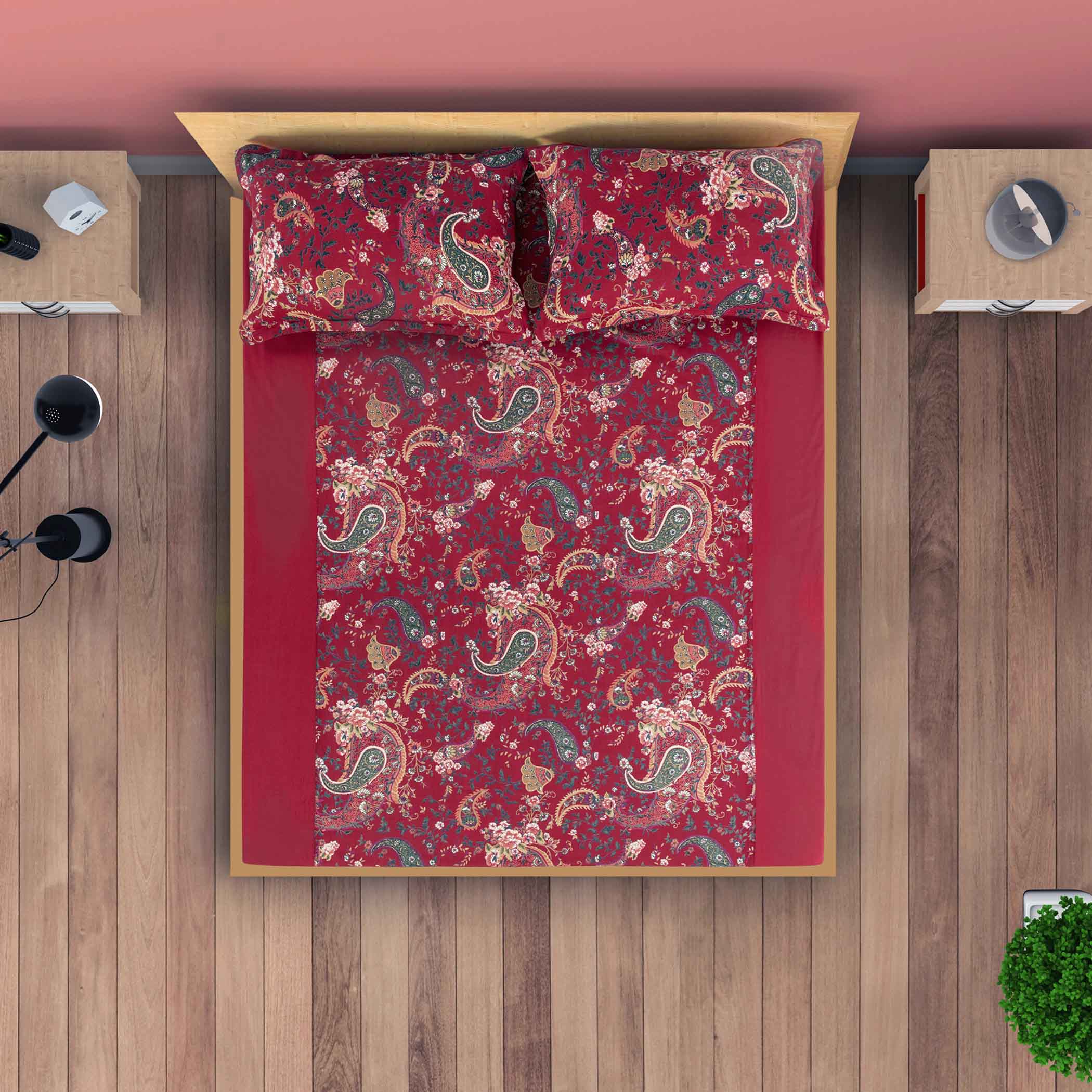 Paisleys in Crimson Garden - 200TC Cotton Single Fitted Bedsheet (36 x 90 x 10 Inches)