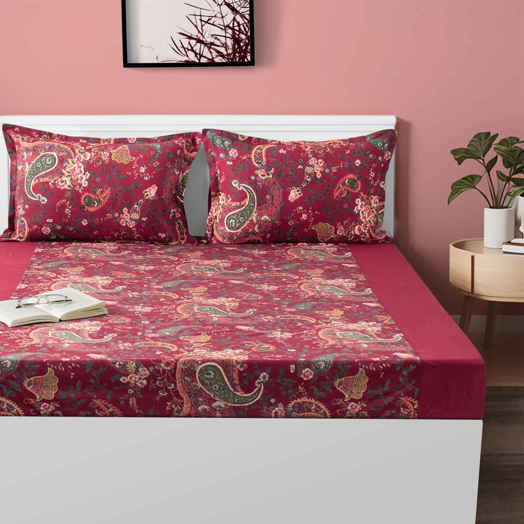 Paisleys in Crimson Garden - 200TC Cotton Single Fitted Bedsheet (36 x 78 x 10 Inches)