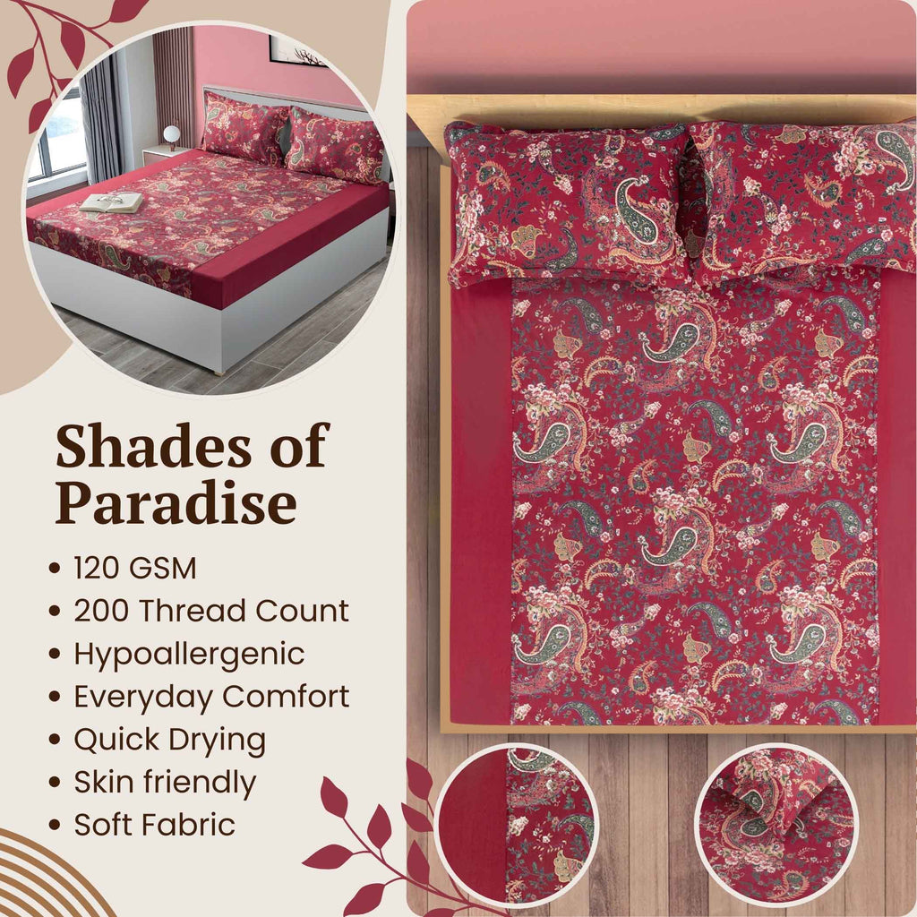 Paisleys in Crimson Garden - 200TC Cotton Single Fitted Bedsheet (36 x 78 x 10 Inches)