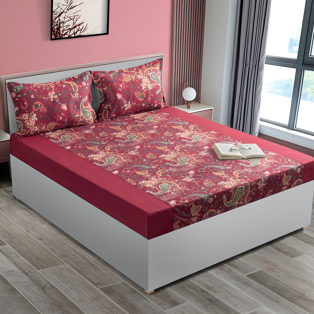 Paisleys in Crimson Garden - 200TC Cotton Super King Bedsheet (108x108 Inches)