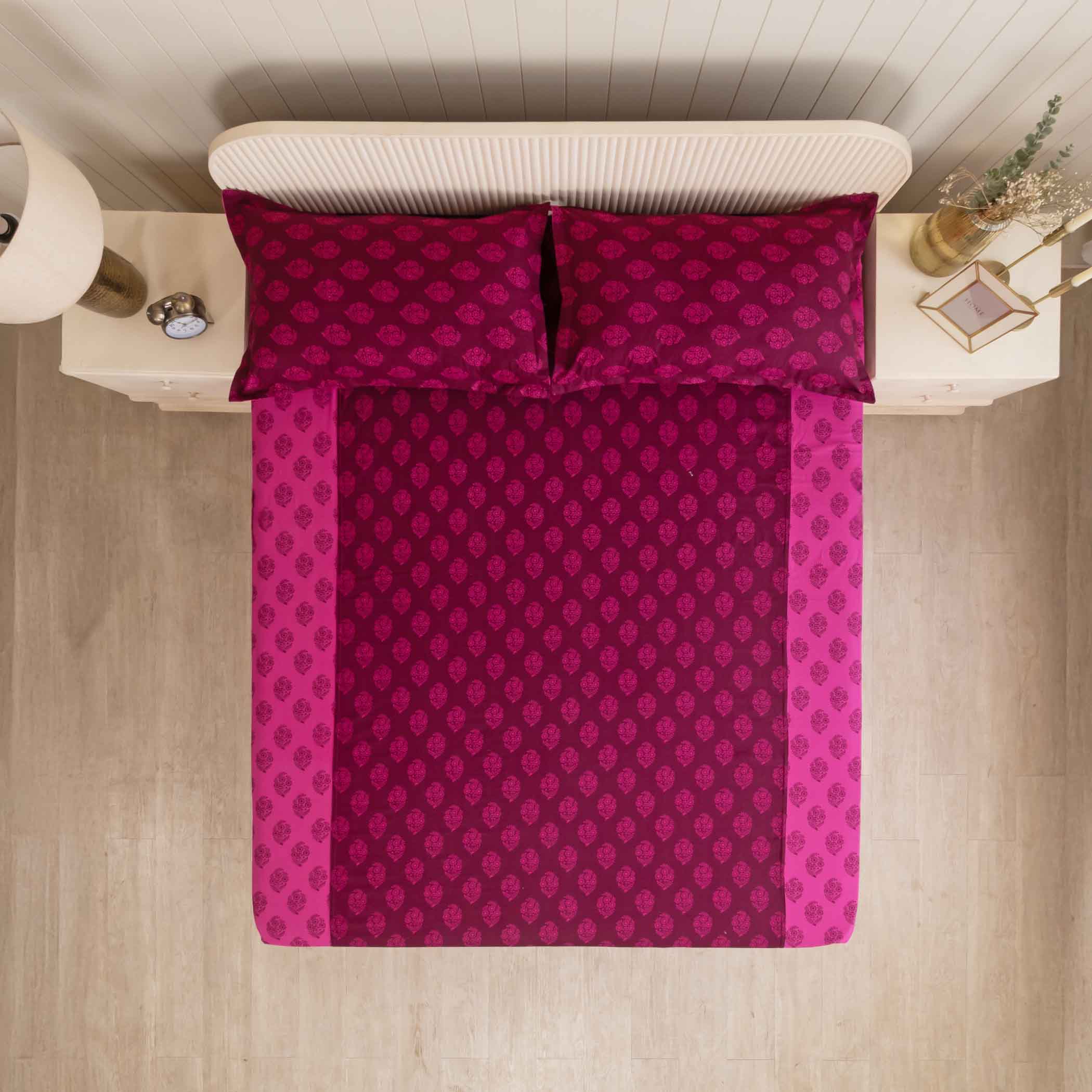 Magenta Mirage - Ethnic Buti 200TC Cotton Single Fitted Bedsheet (36 x 90 x 10 Inches)