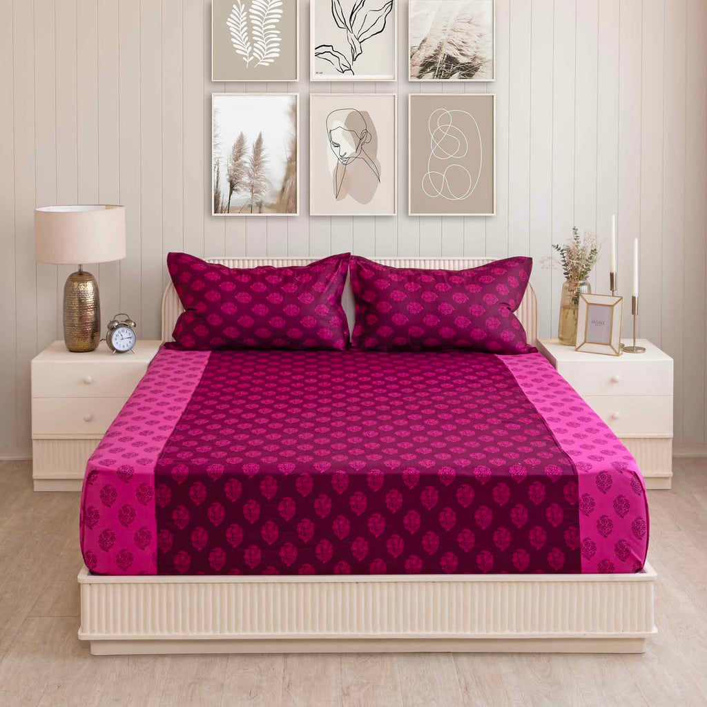 Magenta Mirage - Ethnic Buti 200TC Cotton Super King Bedsheet (108x108 Inches)