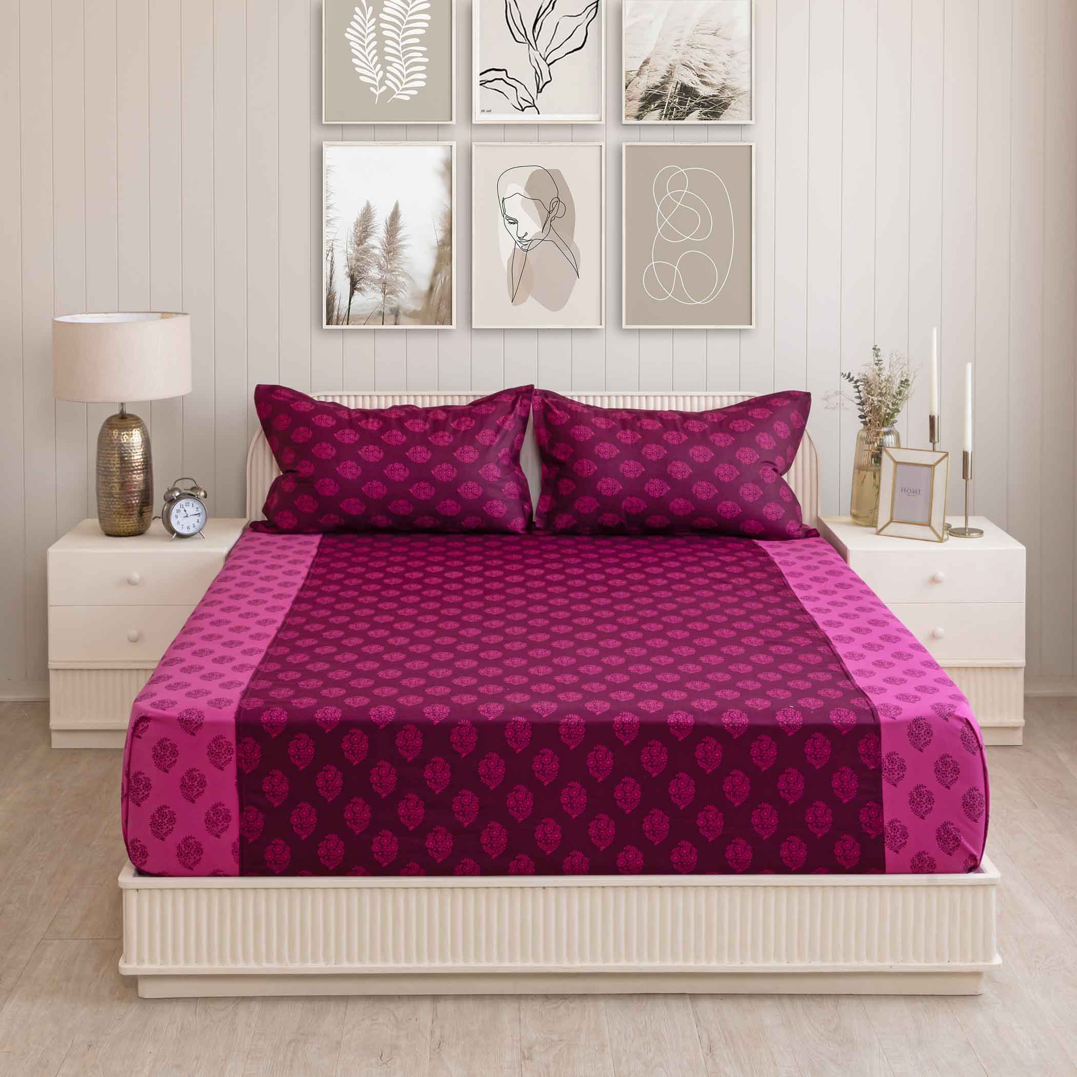 Magenta Mirage - Ethnic Buti 200TC Cotton Single Fitted Bedsheet (36 x 90 x 10 Inches)