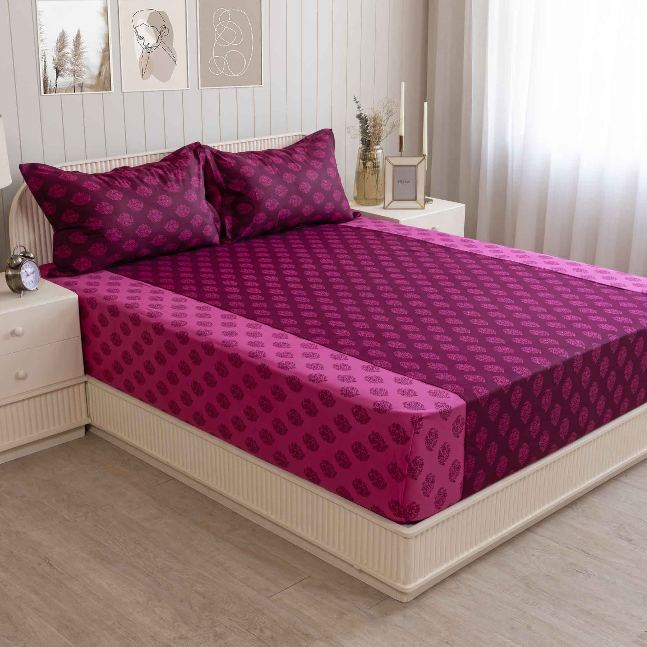 Magenta Mirage - Ethnic Buti 200TC Cotton Single Fitted Bedsheet (36 x 90 x 10 Inches)