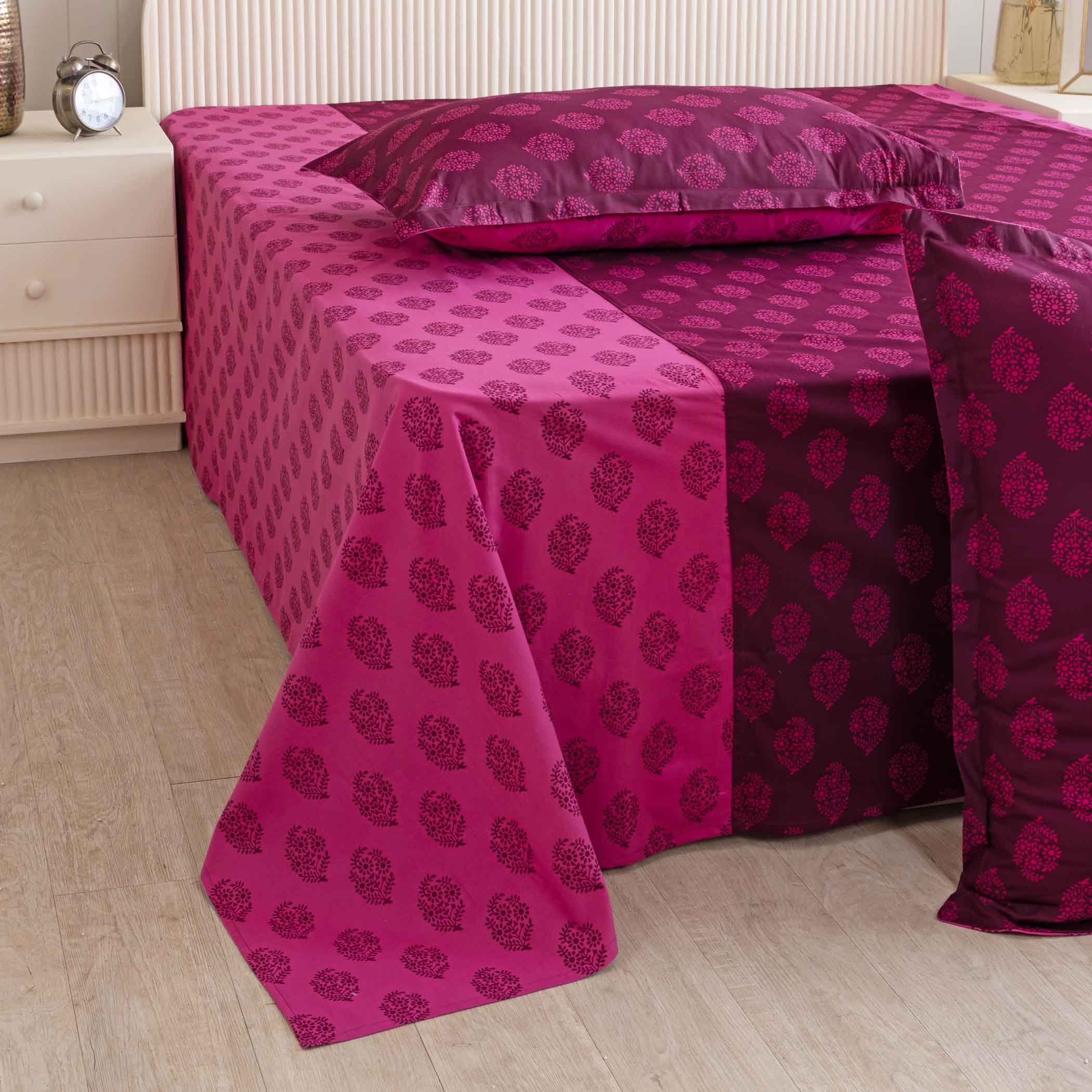 Magenta Mirage - Ethnic Buti 200TC Cotton Super King Bedsheet (108x108 Inches)
