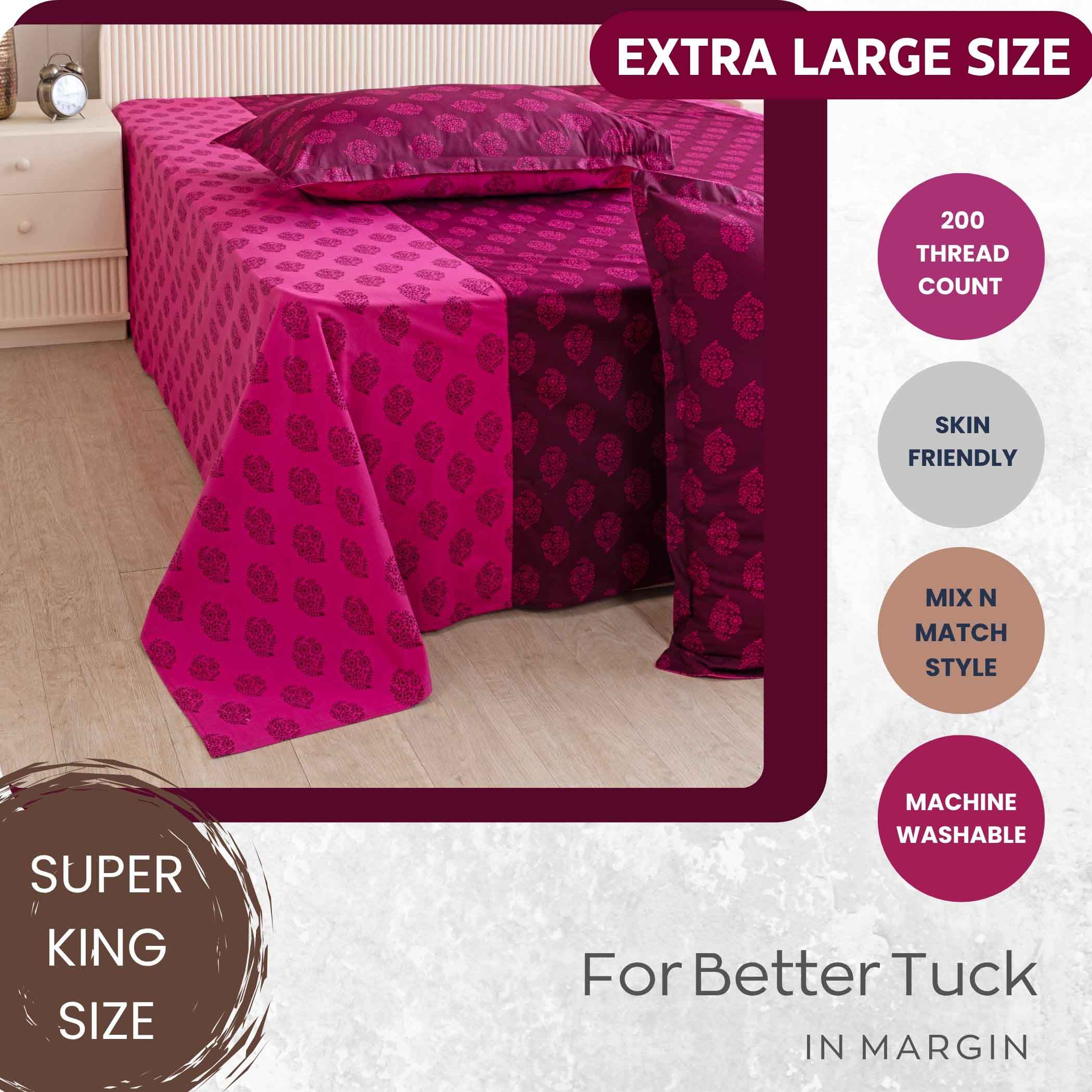 Magenta Mirage - Ethnic Buti 200TC Cotton Super King Bedsheet (108x108 Inches)