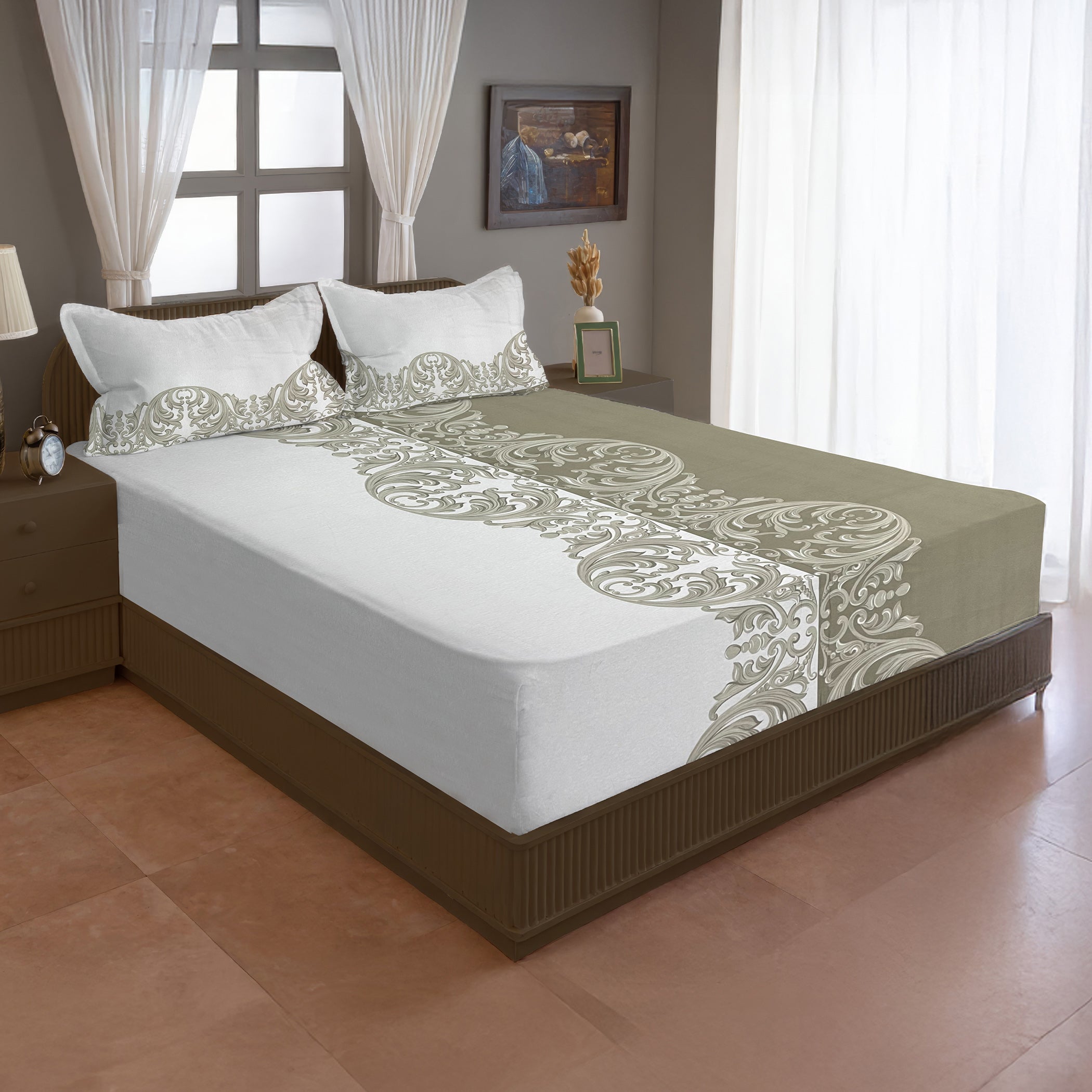Ivory & Olive Baroque Scroll Print Pure Cotton 144 TC Double Queen Bedsheet with 2 Pillow Covers (90x100 Inches)
