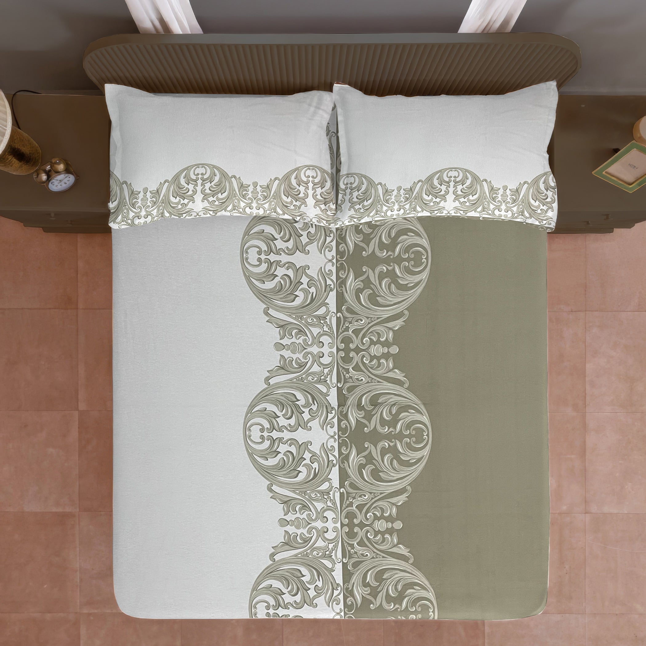 Ivory & Olive Baroque Scroll Print Pure Cotton 144 TC Double Queen Bedsheet with 2 Pillow Covers (90x100 Inches)