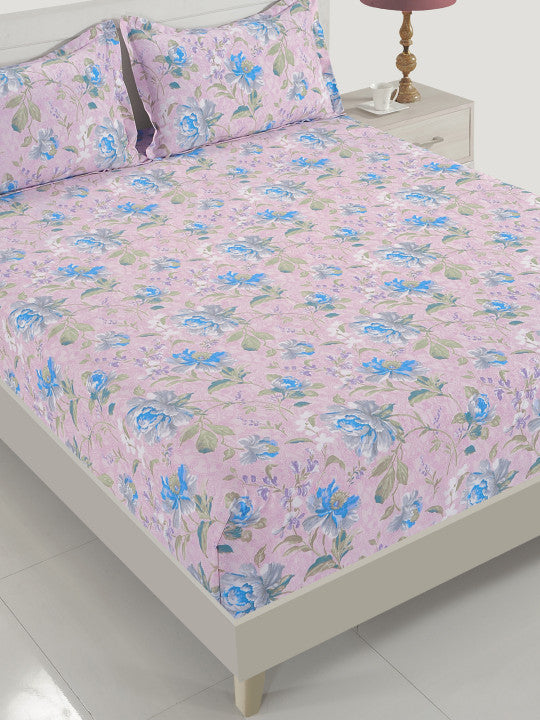 Floral Print 144 TC Super King Bedsheet (108 x 108) Inches With 2 Pillow Cover
