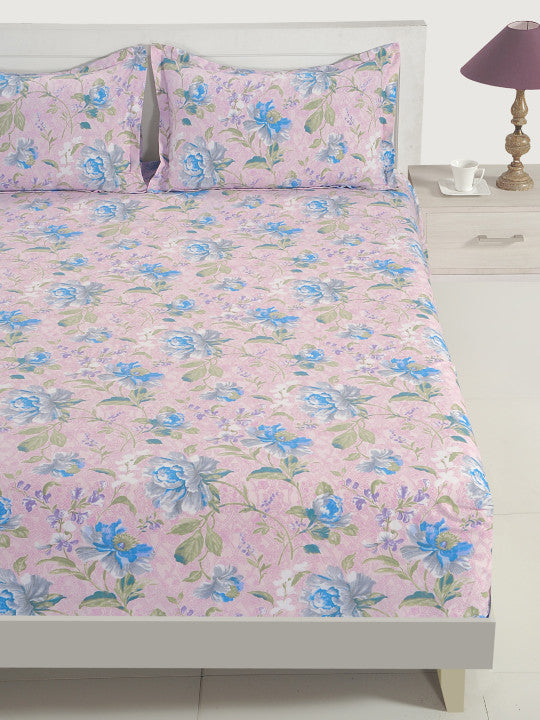 Floral Print 144 TC Super King Bedsheet (108 x 108) Inches With 2 Pillow Cover
