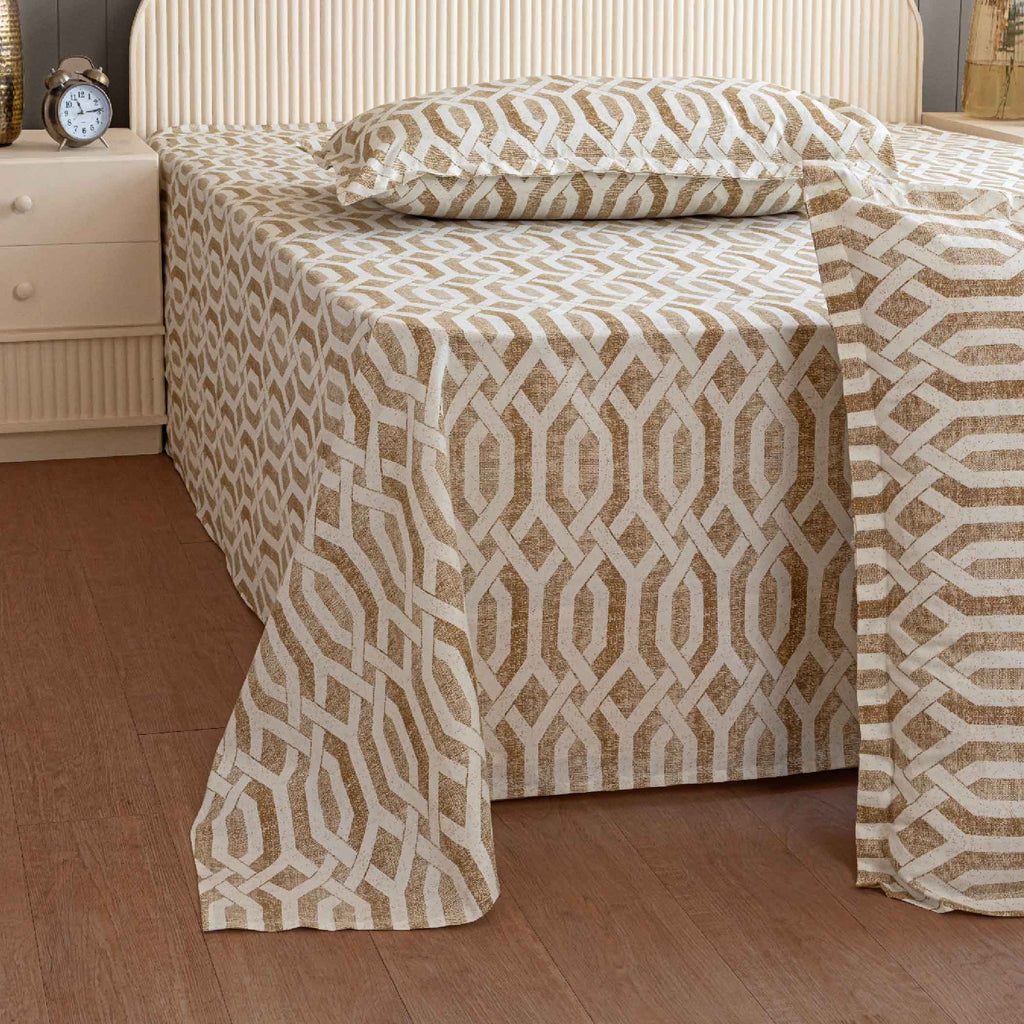 Honeyed Hexagon - Regal 144TC Cotton in Earthy Brown Super King Bedsheet (108x108 Inches)