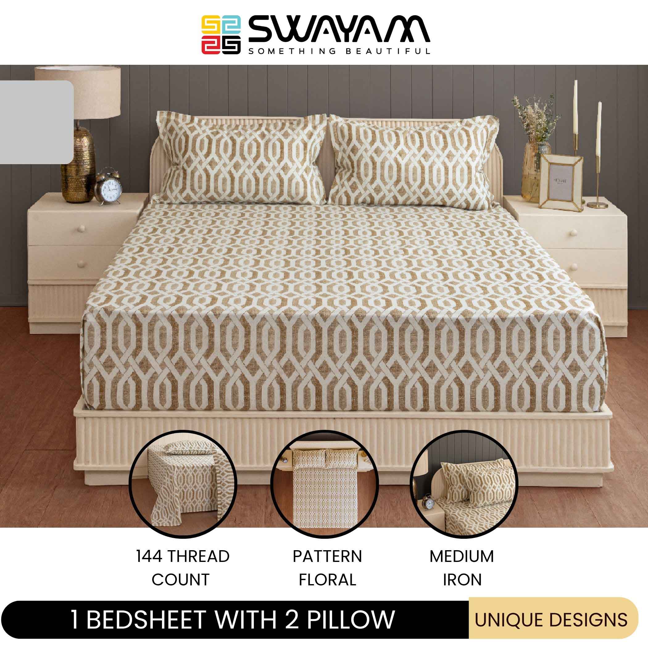 Honeyed Hexagon - Regal 144TC Cotton in Earthy Brown Super King Bedsheet (108x108 Inches)