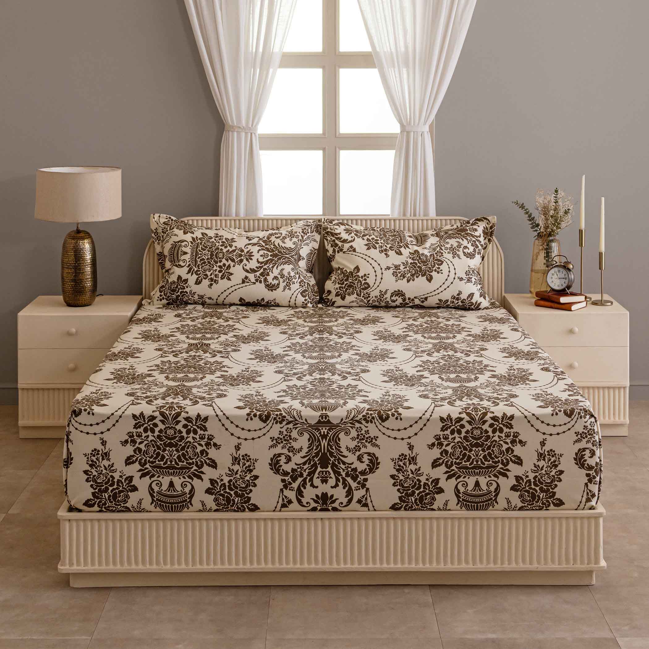 Baroque Splendor - Classic 144TC Roto Cotton Ethnic Motif Super King Bedsheet (108x108 Inches)
