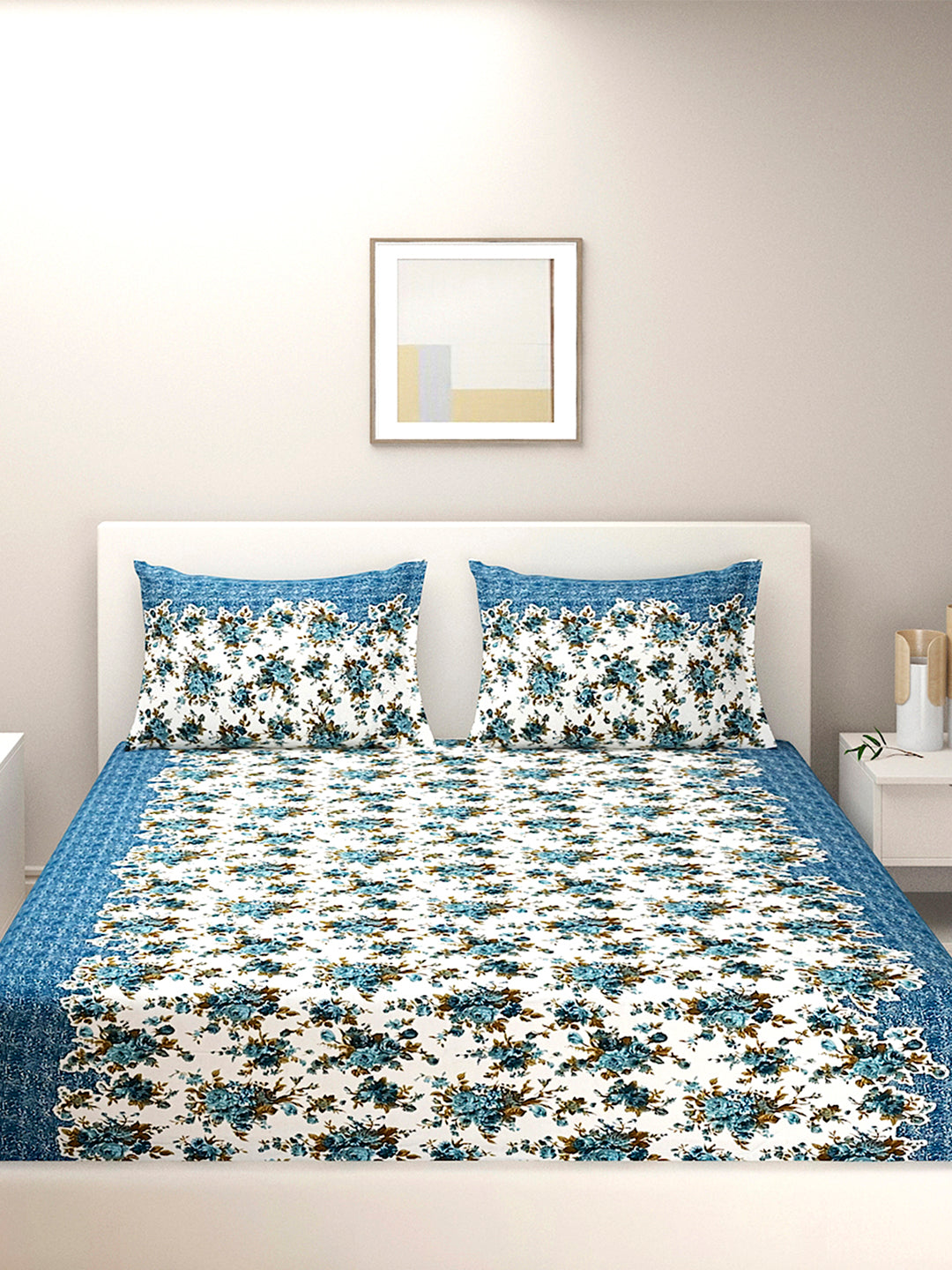 Azure Rose Garden 144 TC Pure Cotton Bedsheet Set with Pillow Cover