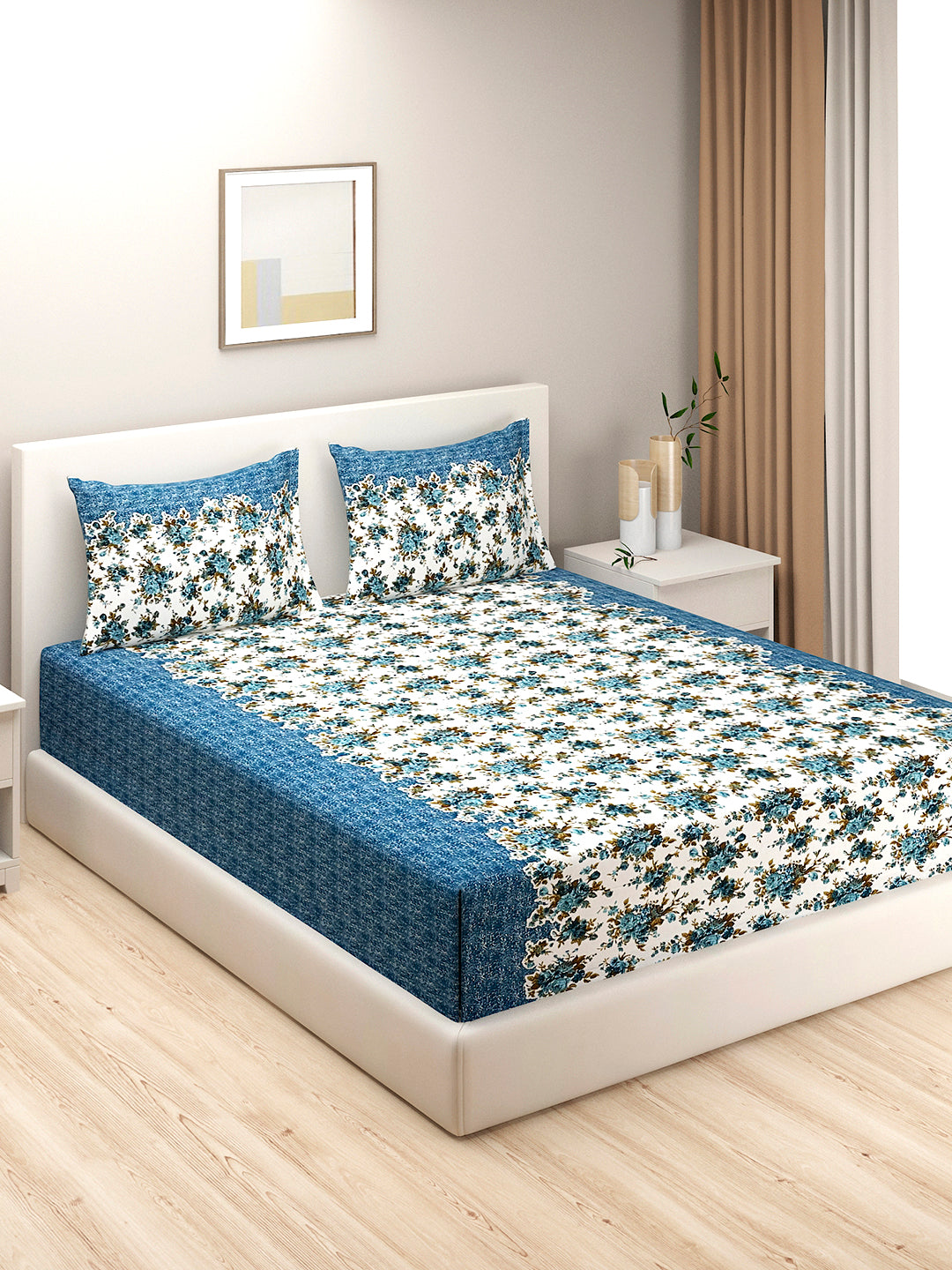 Azure Rose Garden 144 TC Pure Cotton Bedsheet Set with Pillow Cover