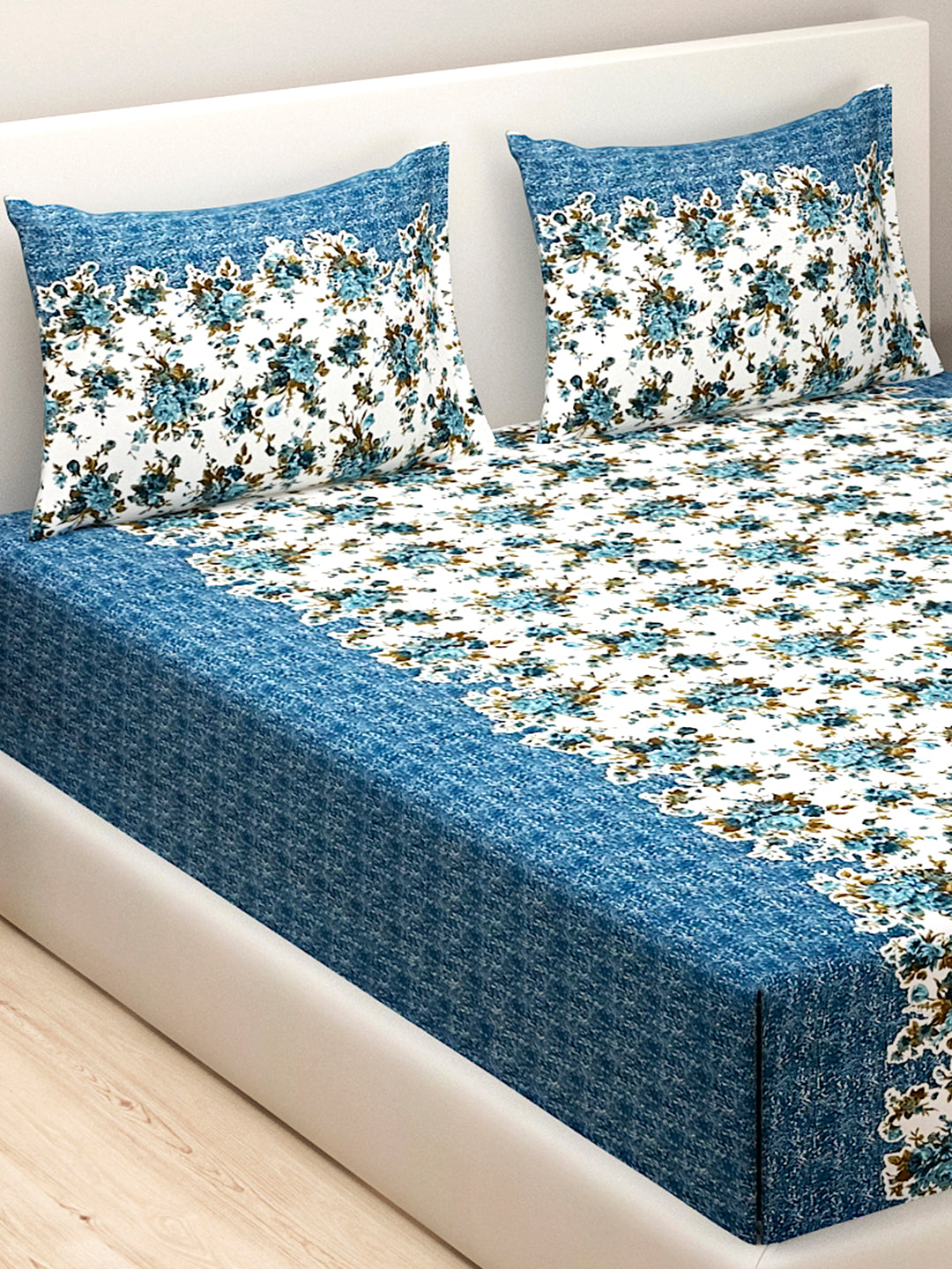 Azure Rose Garden 144 TC Pure Cotton Bedsheet Set with Pillow Cover