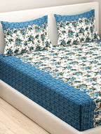 Blue Blossom Floral Pure Cotton 144 TC Super King Bedsheet with 2 Pillow Covers (108x108 Inches)