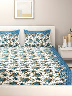 Blue Blossom Floral Pure Cotton 144 TC Super King Bedsheet with 2 Pillow Covers (108x108 Inches)