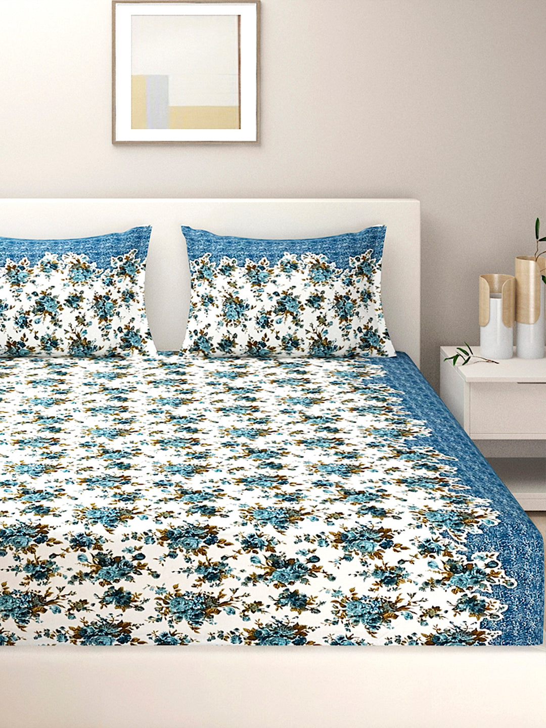 Blue Blossom Floral Pure Cotton 144 TC Super King Bedsheet with 2 Pillow Covers (108x108 Inches)