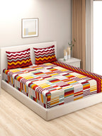 Multicolour Chevron & Stripe Pure Cotton 144 TC Super King Bedsheet with 2 Pillow Covers (108x108 Inches)