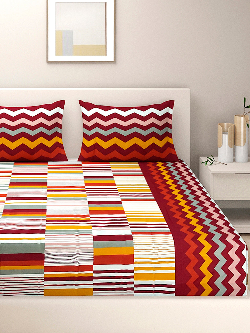 Multicolour Chevron & Stripe Pure Cotton 144 TC Super King Bedsheet with 2 Pillow Covers (108x108 Inches)