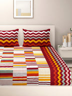 Multicolour Chevron & Stripe Pure Cotton 144 TC Super King Bedsheet with 2 Pillow Covers (108x108 Inches)