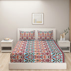 Multicolour Ethnic Motif Pure Cotton 144 TC Super King Bedsheet with 2 Pillow Covers (108x108 Inches)
