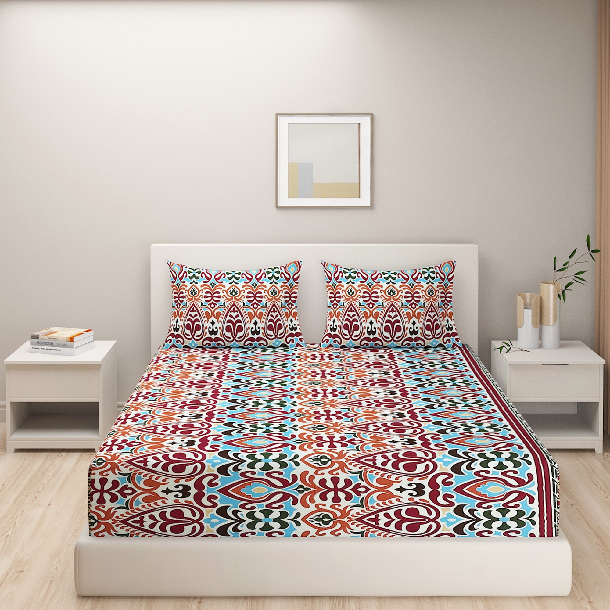 Multicolour Ethnic Motif Pure Cotton 144 TC Super King Bedsheet with 2 Pillow Covers (108x108 Inches)